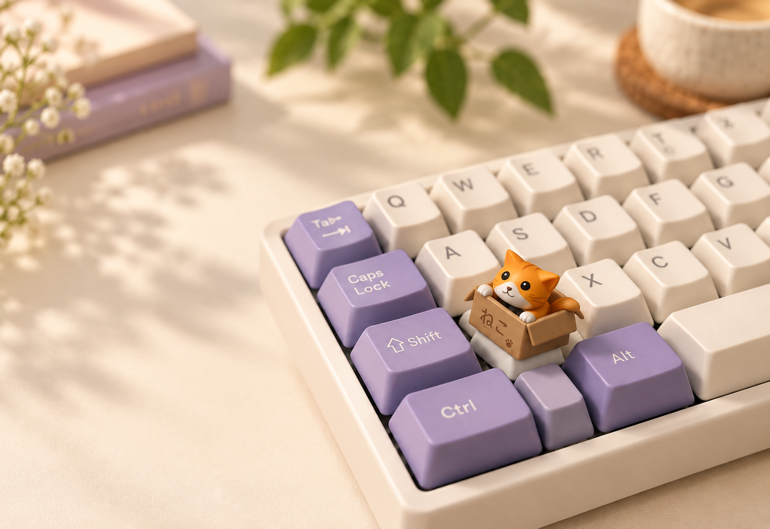 An orange Cat in a Box keycap on a cream and lavender keyboard